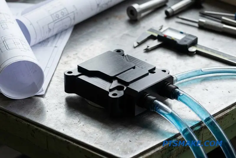 A black aluminum liquid cooling component produced by a CNC machining service being tested for quality on a workbench with tubes and gauges.