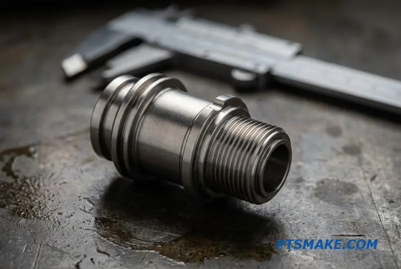 Close-up of a high-precision turned titanium part on an inspection table, showcasing the quality of expert CNC machining.