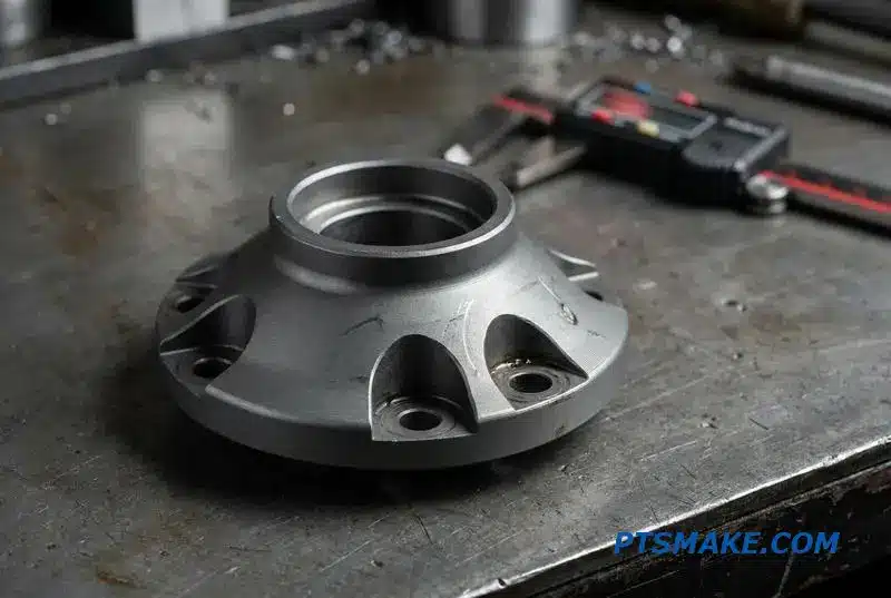 A close-up of a precision-machined aluminum automotive part, demonstrating high-tolerance CNC lathe capabilities and finish quality.
