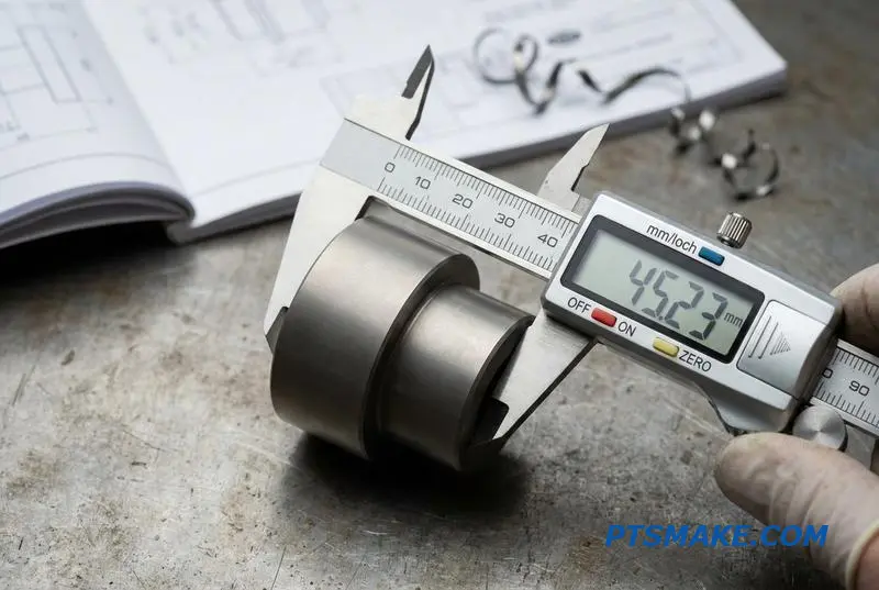 Verifying the tolerance of a precision CNC turned metal component with a digital caliper and a blueprint.
