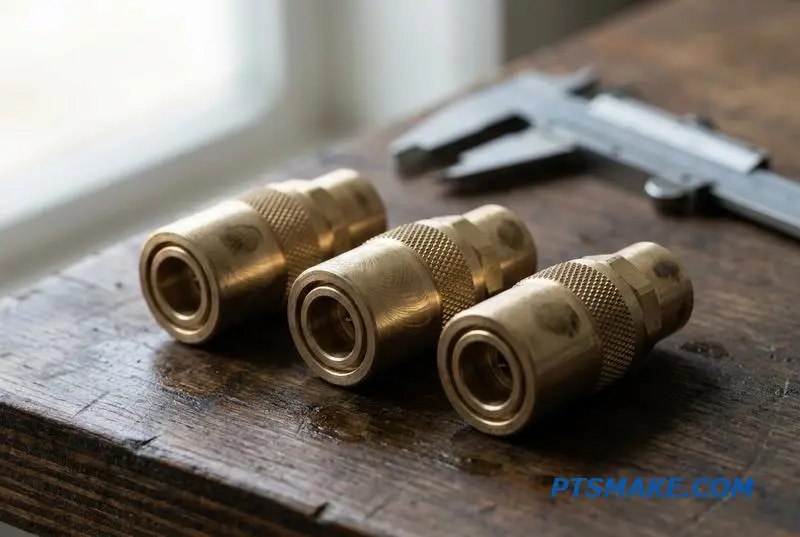 Close-up of precision-machined brass connectors, showcasing the excellent surface finish from expert CNC turning.