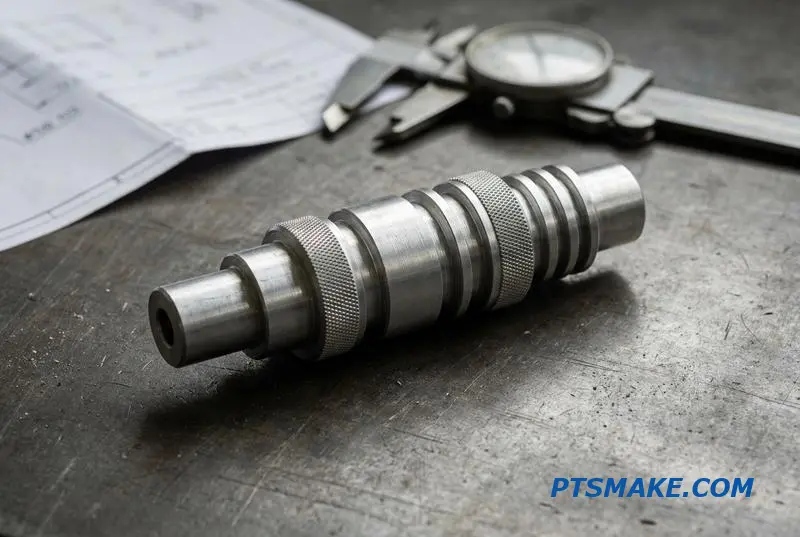 A precisely engineered metal shaft on a workbench, showcasing the quality of advanced CNC turning services and geometric accuracy.