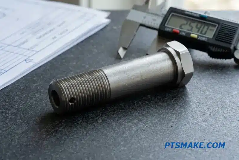 Close-up of a complex aerospace shaft, an example of high-accuracy CNC turned components.