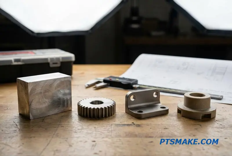 A close-up of precision machined components in aluminum, steel, titanium, and PEEK, illustrating manufacturing costs.
