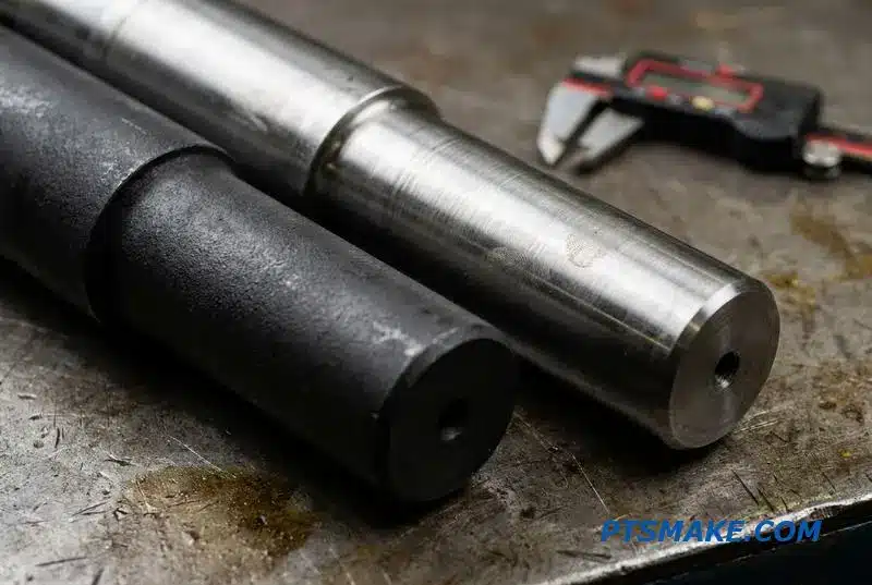 Two precision-machined steel shafts, one rough from heat treatment, the other smooth and finished by accurate lathe turning.