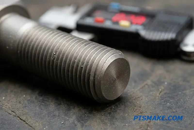 A detailed macro shot of a precision-turned titanium component with defined threads, showcasing advanced manufacturing capabilities.