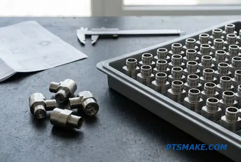 An image showcasing the scaling of precision CNC manufacturing, from prototypes to a full production batch of steel parts.