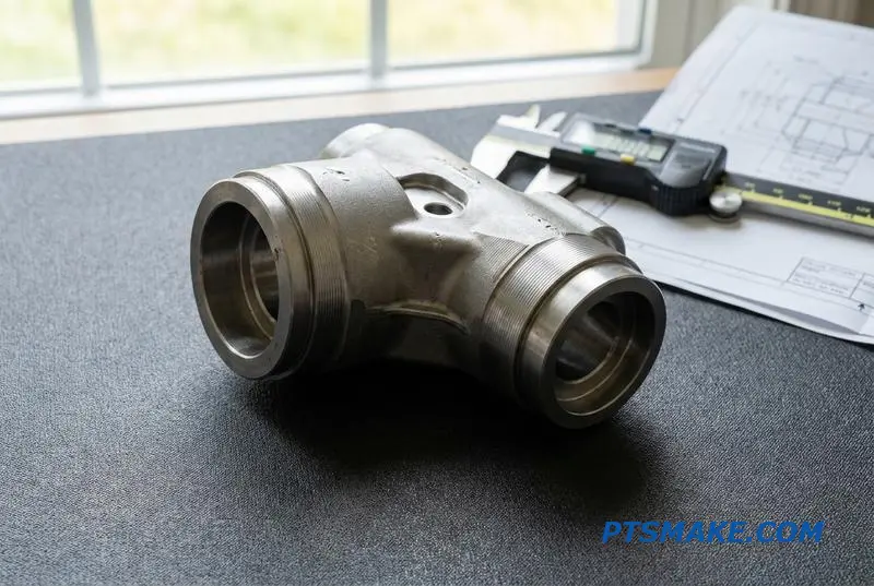 A precisely machined steel component from a CNC turning process, shown on a workbench next to a caliper, illustrating the design for manufacturability review.