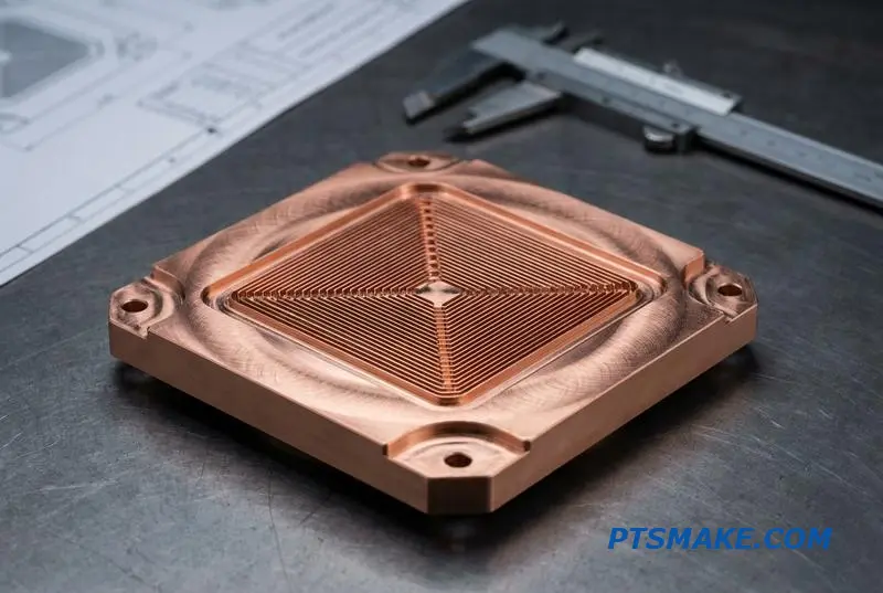 A detailed photorealistic close-up of a precision copper water block for an AI server's liquid cooling loop.