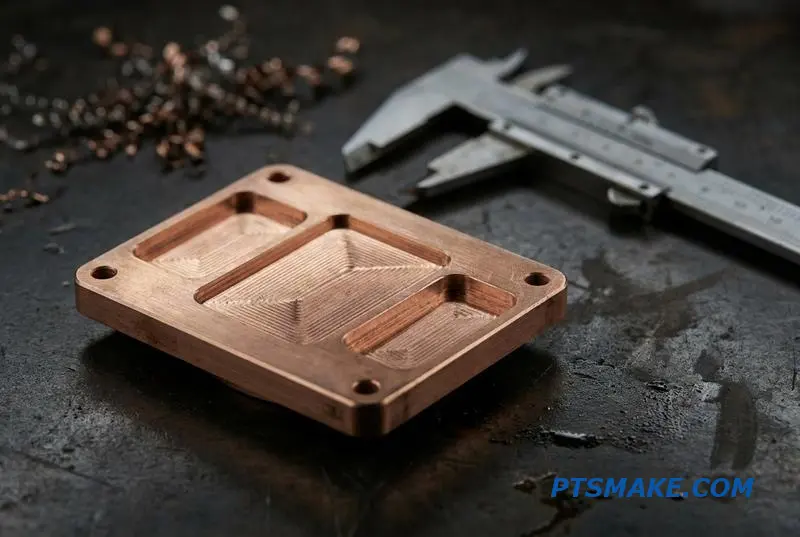 A close-up of a precision copper cold plate for an advanced AI thermal management system on a workbench.