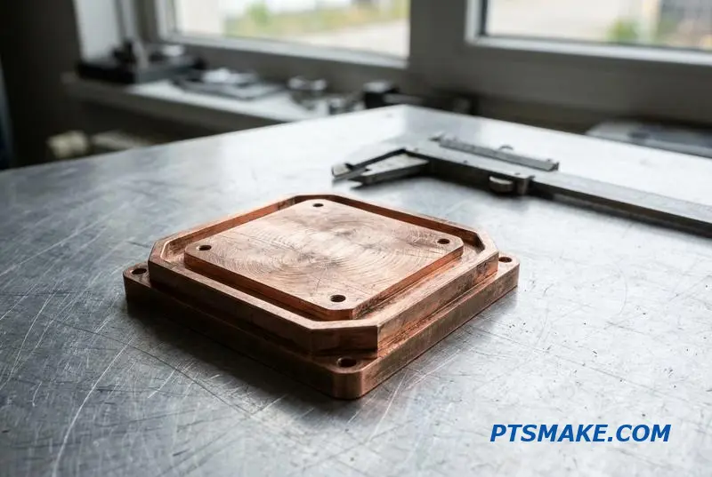 A close-up of a precision-machined copper cold plate, a key part of a direct-to-chip fluid cooling solution for high-performance servers.