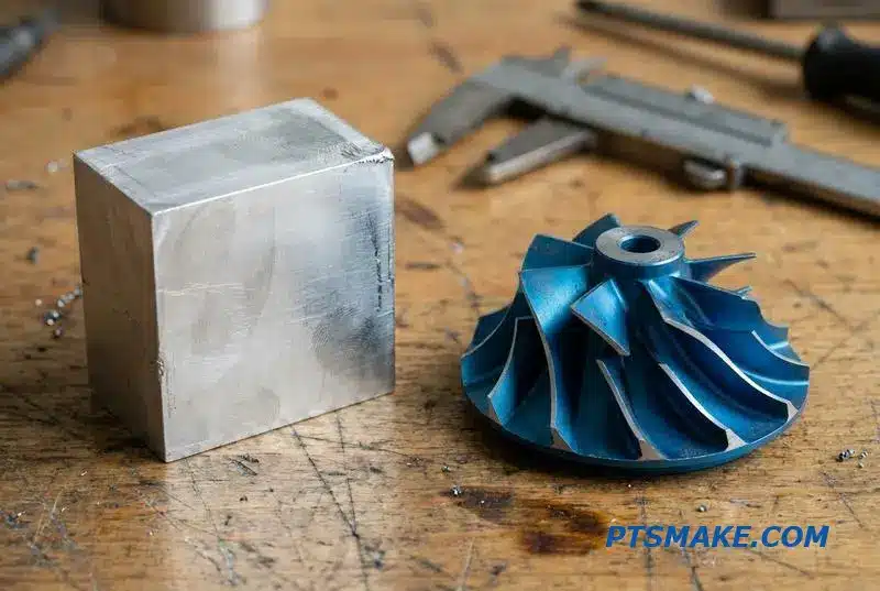Two parts illustrating high-precision machining: a simple aluminum block and a complex blue anodized impeller on a workbench.