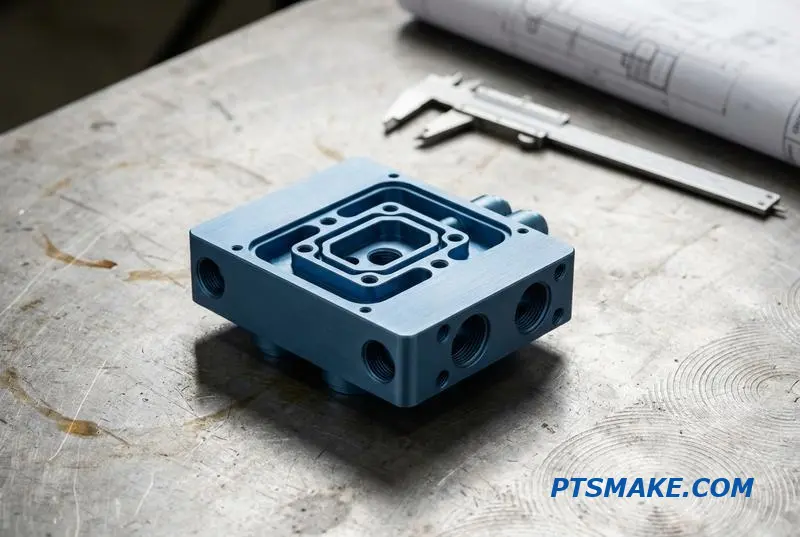 A precision-machined blue aluminum manifold, a key component for a fluid cooling system, on a workbench.