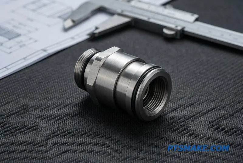 Close-up of a precision-machined quick-disconnect coupling for a fluid cooling system, showing detailed tool marks and engineering elements in the background.
