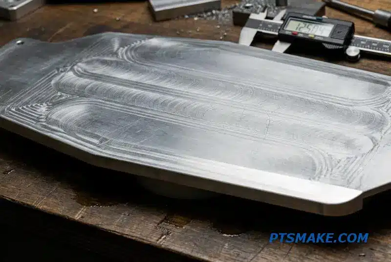 A large machined structural plate for a data center liquid cooling unit on a workbench.