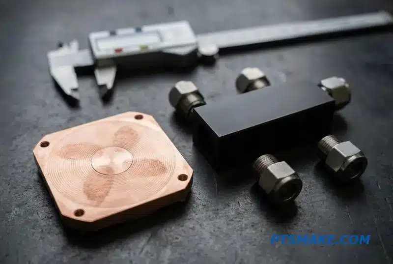 An array of thermal management parts for a fluid cooling system, including a copper plate, aluminum manifold, and metallic fittings.