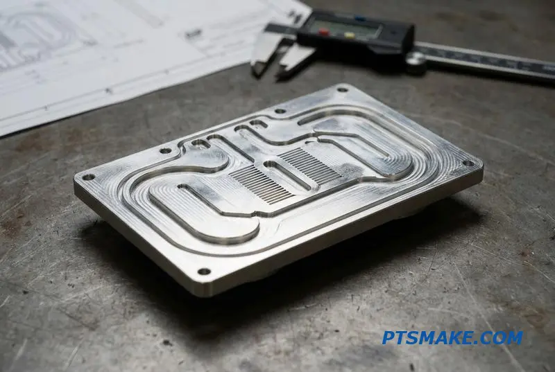A detailed close-up of a server water cooling component undergoing quality inspection on a workbench with calipers.