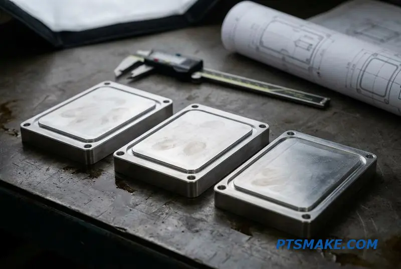 A small batch of identical heatsink components for a water cooling system, showing manufacturing repeatability.