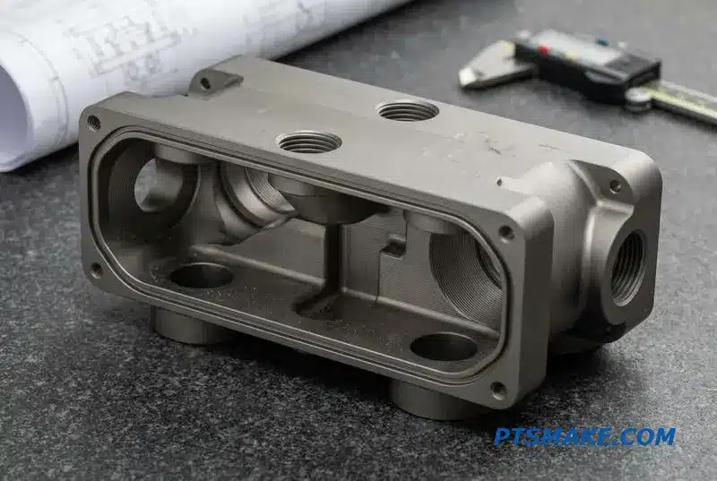 A close-up, photorealistic image of a high-performance heat dissipation component, showcasing the complex geometries achievable with 5-axis machining.