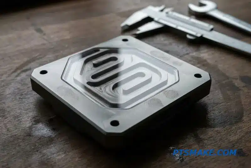 A precision-machined aluminum cold plate for a water cooling solution, showing intricate surface channels.