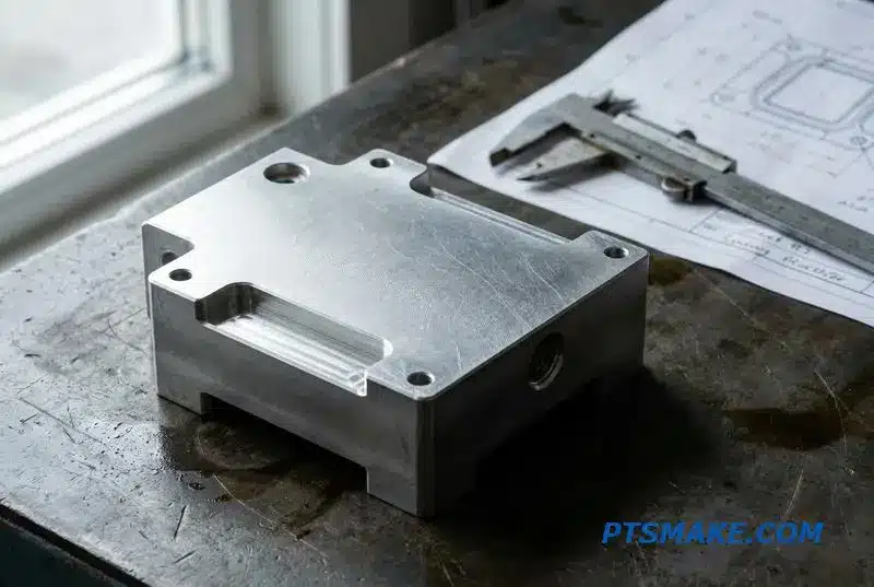 A detailed photorealistic shot of an aluminum fluid cooling component, showcasing machining complexity on an engineering workbench.