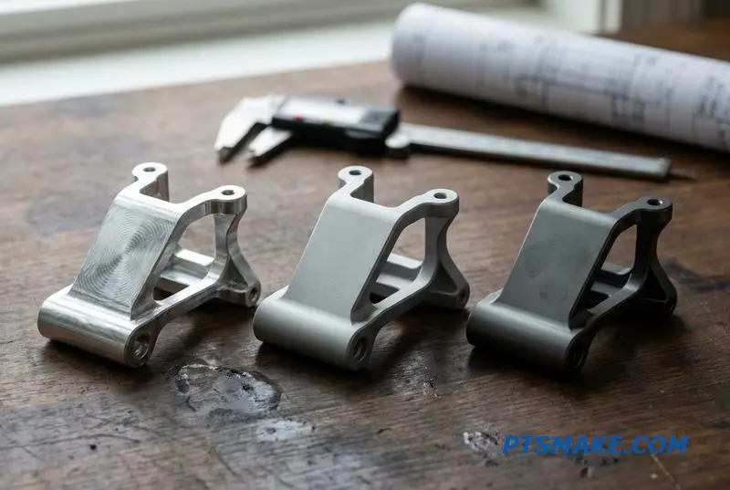 Three precision-engineered aluminum parts on a workbench, showing a comparison of as-machined, bead-blasted, and anodized finishes.