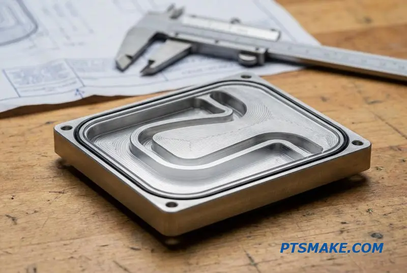 A detailed photo of a CNC-machined aluminum component for a thermal management system, showing coolant channels on a workbench.