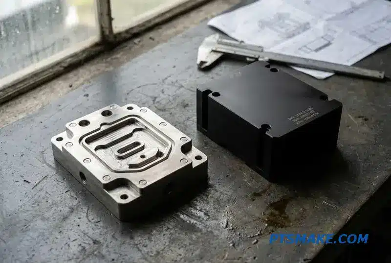 A comparison of two precision fluid cooling systems: a complex titanium aerospace part and a streamlined aluminum server coolant block.
