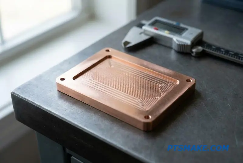A close-up of a precision-machined copper heat sink for an advanced liquid thermal management system.