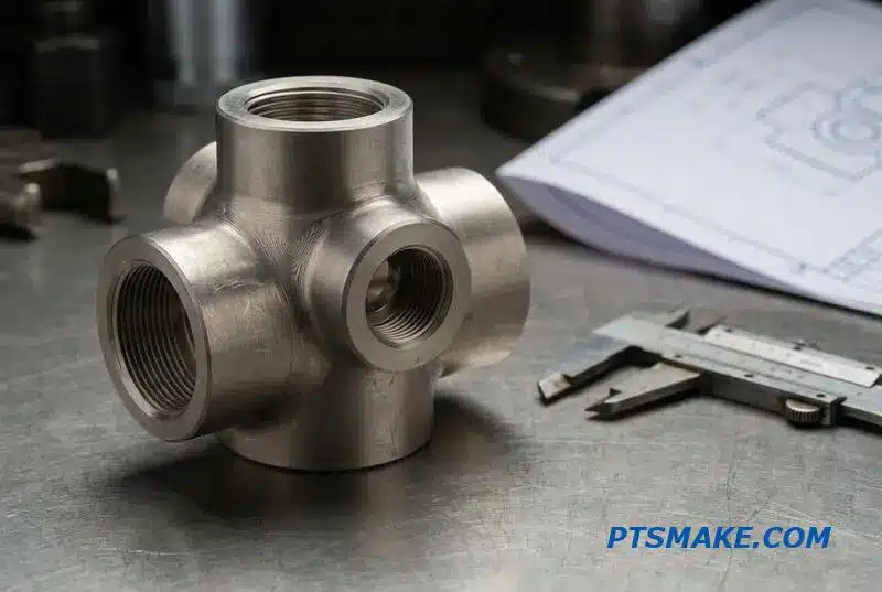 A precision CNC machined valve body for a liquid cooling system, showing fine tool marks and complex ports.