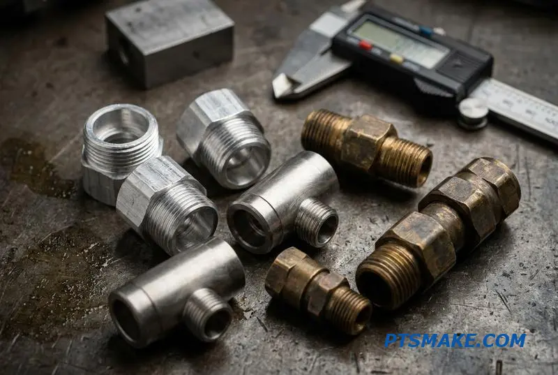 A collection of precision CNC manufactured components, including valve bodies and connectors for liquid cooling systems.