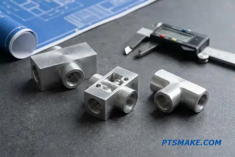 A collection of precision CNC machined valves and fittings for advanced liquid cooling systems arrayed on a workbench.