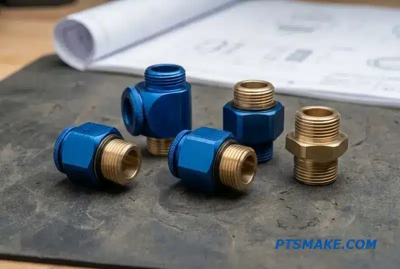 A collection of precisely CNC-machined valves and fittings for a liquid cooling system on a dark surface, highlighting blue anodized aluminum and satin brass parts.