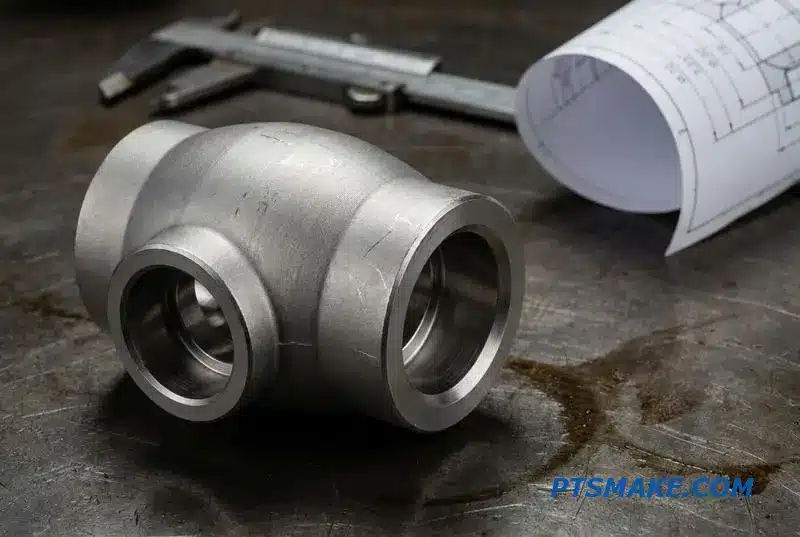 A detailed close-up of a high-precision machined valve fitting for liquid cooling, showcasing its intricate features and matte stainless steel finish on a workbench.