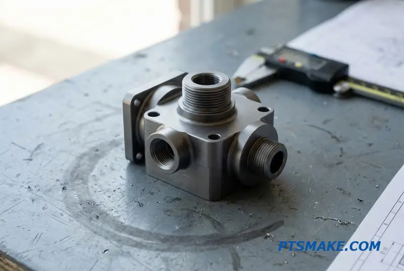A complex, precisely manufactured valve component for a fluid control system, showing CNC-milled ports and bores.