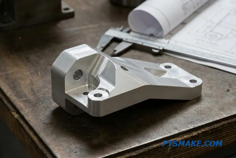 A close-up of a precision engineered aluminum component designed for manufacturing, resting beside a caliper on a workbench.