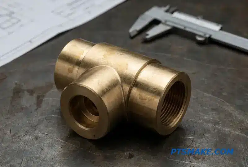 A detailed close-up of a precision-machined valve fitting for liquid cooling, highlighting its threads and surface.