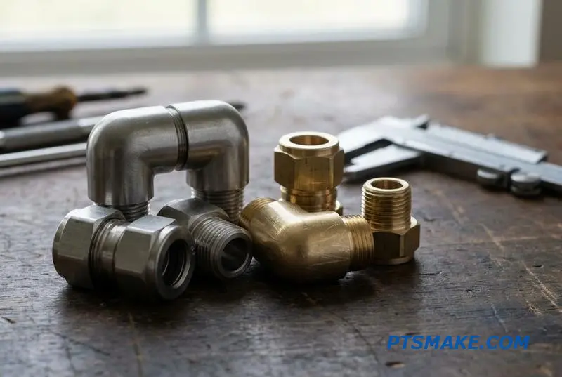 A collection of precision CNC turned fittings and valve parts for a liquid cooling application, made from steel and brass.