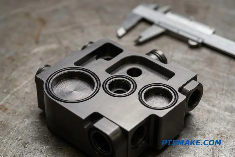 Macro view of a CNC machined valve body for liquid cooling, emphasizing the precisely machined O-ring groove on its sealing surface.