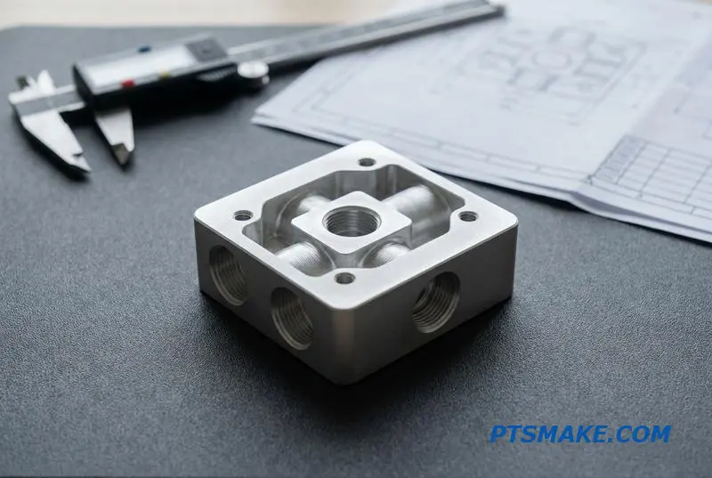 A close-up of a high-precision CNC machined fitting for a liquid cooling application, showing complex details.