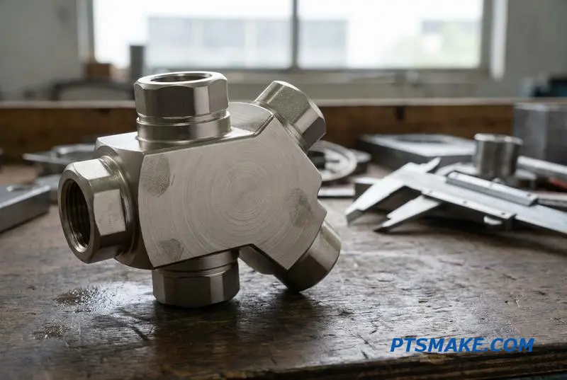 Close-up of a precision machined cooling system valve with a protective nickel coating, sitting on a workbench.