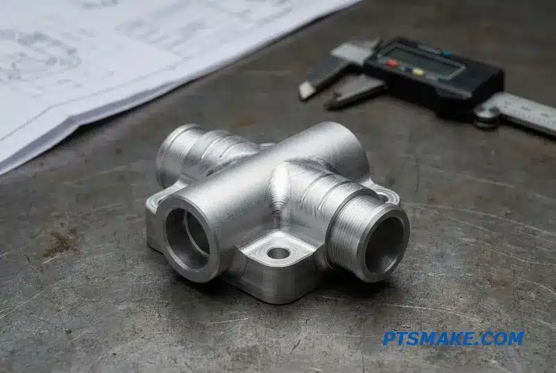 A close-up of a precision CNC machined valve fitting for a liquid cooling system, showcasing DFM principles on a workshop bench.