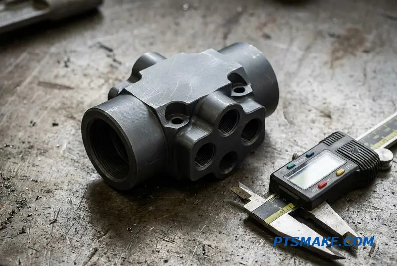 A close-up of a high-quality CNC machined fitting, a complex aluminum valve body for a liquid cooling system, being inspected on a workbench.