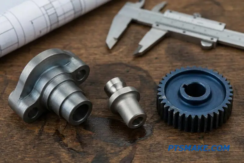 A collection of precisely machined components for aerospace, medical, and robotics industries, laid out for inspection.