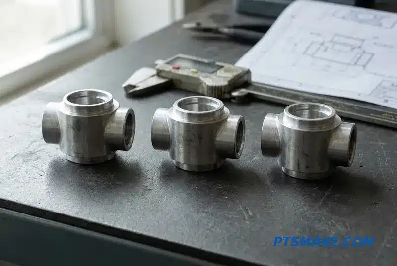 A close-up of three precision machined valve components for a liquid cooling system, showcasing the path from prototype to production.