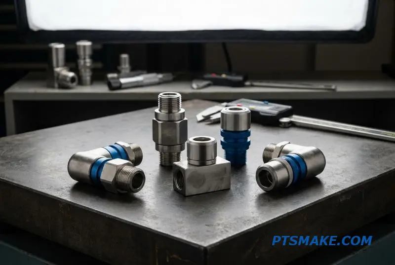 A group of precision CNC-machined components for data center liquid cooling systems, including valves and fittings, on a technical surface.