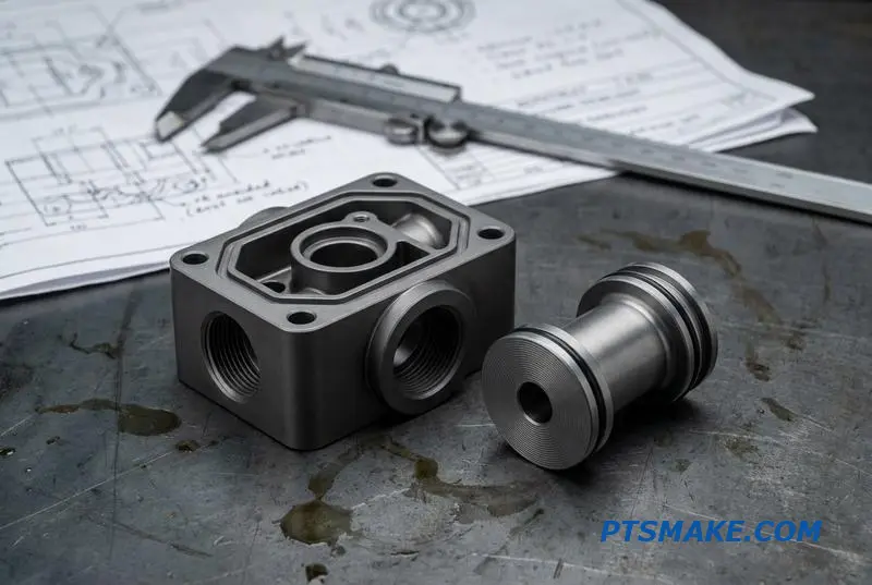 Zbliżenie na zdemontowany zaawansowany technologicznie zawór sterujący płynem chłodzącym, pokazujące jego obrobione aluminiowe komponenty wewnętrzne na stole warsztatowym.