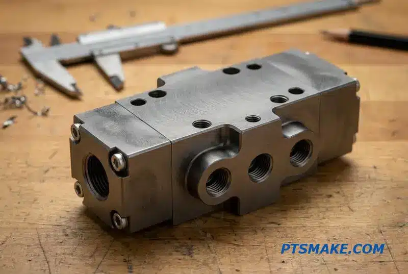 Close-up of a precision-machined hydraulic manifold block, highlighting its complex ports and bores on an engineering workbench.