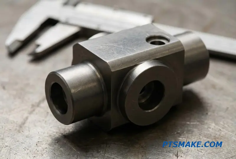 A precisely machined industrial manifold block, made of gray aluminum, sitting on a workbench for inspection.