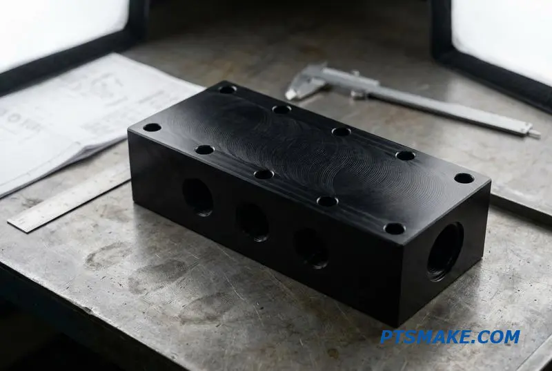 A close-up of a precisely machined black aluminum hydraulic manifold block on an inspection table.